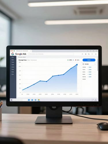 Google Ads performance dashboard on a monitor screen, showing conversion graph with upward trend, CPC and ROAS metrics clearly visible, shot straight-on under bright studio lighting, clean minimal office background