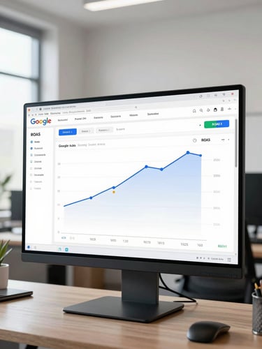 Wide-angle view of a Google Ads performance dashboard on a large monitor, showing ROAS metrics and conversion funnel graphs, professional office setting with clean white walls and daylight from the left