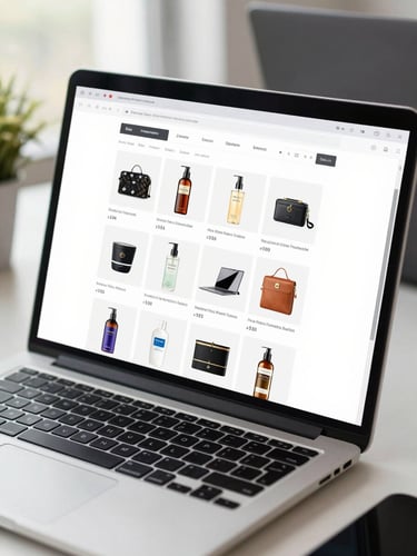 Close-up of a laptop screen showing a live e-commerce website with clean product grid and analytics dashboard open in a side tab, shot on a white studio desk under bright daylight, professional office setting, screen content sharp and fully legible