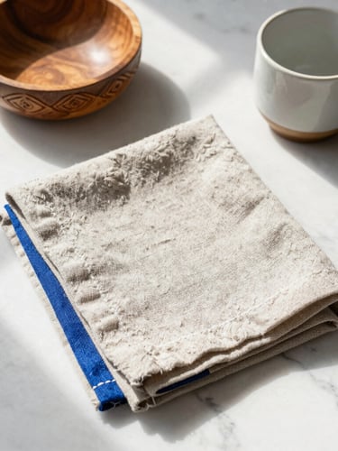 Top-down flat lay of tactile linen napkins, a hand-carved wooden bowl, and a ceramic cup on a bright sunlit marble surface, soft window shadows, cobalt blue accents