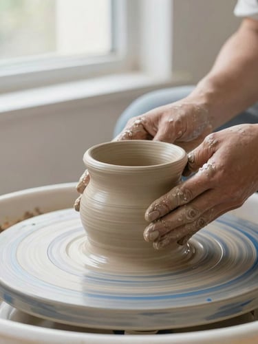 Close-up of artisan hands shaping a clay vessel on a pottery wheel, bright natural window light, shallow depth of field, warm organic textures