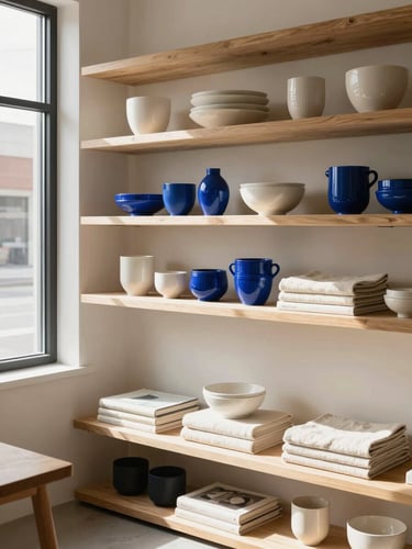 A sunlit minimalist design studio in Orem, Utah, with wooden shelves holding curated ceramics, linen textiles, and design books, warm morning light