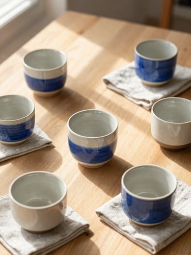 Top-down editorial flat lay of handmade ceramic cups and linen napkins on a sunlit wooden table, soft window shadows, warm neutral tones