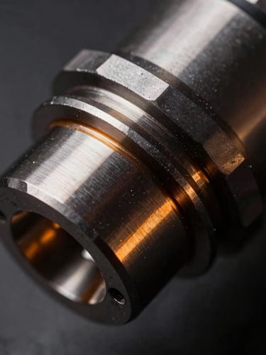 Macro close-up of a high-precision CNC component, sharp metallic reflections, deep charcoal and amber tones, high-contrast studio lighting.