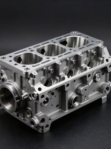 Crisp close-up photography of a pristine metallic engine block, high-contrast studio lighting, deep charcoal background, sharp focus