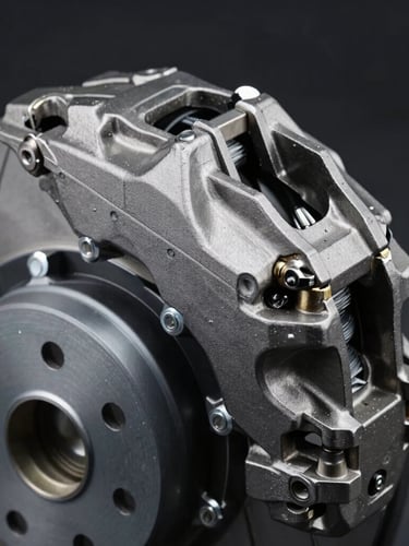 Close-up macro shot of a metallic high-performance brake caliper with pristine finish, cool-toned workshop lighting, 50mm lens