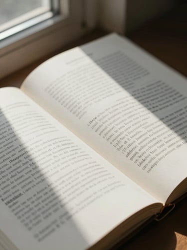 A close-up, high-contrast photograph of an open academic monograph with hand-written margins and annotations, soft natural window light casting gentle shadows across the heavy paper.