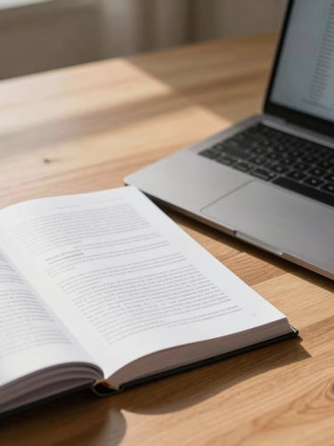 Close-up of a clean wooden desk with an open research manuscript, a modern laptop showing structured data charts, soft morning light.
