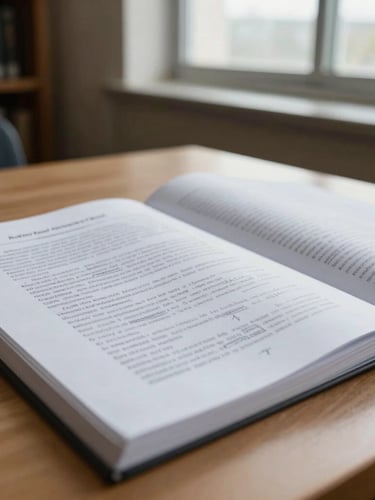 Tight close-up of a heavily annotated academic manuscript on a clean wooden desk, soft overcast light from a library window illuminating pencil marks in the margins.