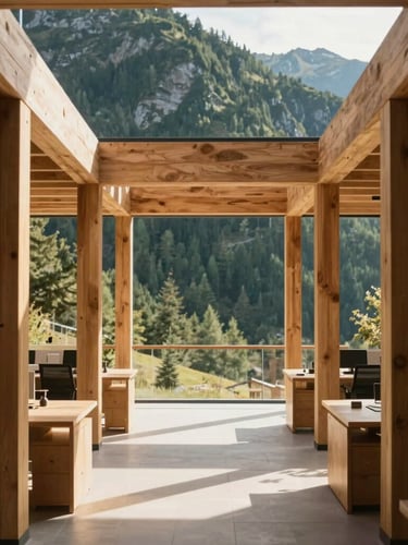 Architectural crop of a modern mountain office interior, warm timber beams, natural daylight casting soft shadows, minimalist structured workspace