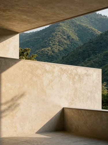 Architectural crop of a modern mountain office interior, warm natural daylight casting soft linear shadows on a textured plaster wall, 35mm