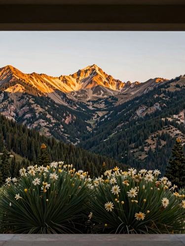 Stark, high-contrast mountain landscape of the Utah range at golden hour, resilient alpine flora in the foreground, warm natural light, architectural framing