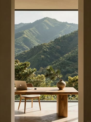 Warm directional mountain daylight illuminating a minimalist, high-end professional workspace with a clean oak table and a single pine branch in a ceramic vase, architectural framing, 35mm