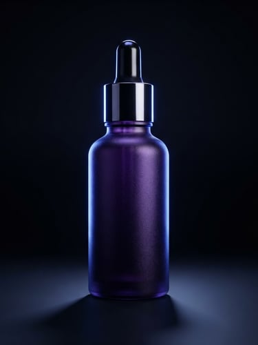 Macro close-up of a premium cosmetic bottle with deep violet texture and electric blue studio rim lighting, casting sharp shadows on a dark background, 3D render, cinematic depth of field.