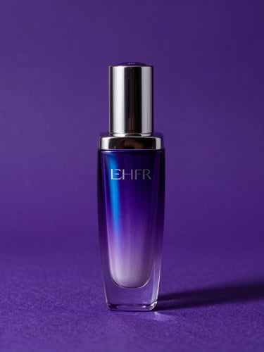 A sharp portrait of premium cosmetic packaging with holographic details under dramatic purple studio lighting, high-contrast shadows, clean editorial composition