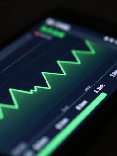 Macro shot of a physical Android device screen displaying a terminal performance monitor with green line graphs, low-key cool-toned lighting, sharp neon green accents