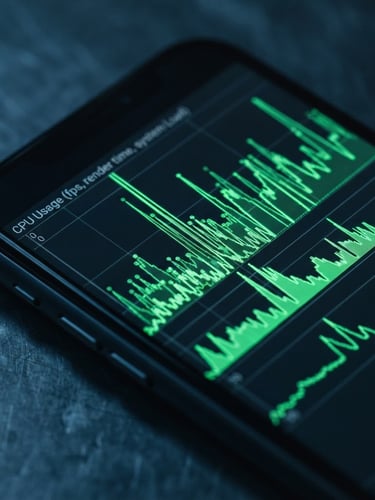 Macro photography of a physical Android device screen displaying a sharp green CPU profiling graph, low-key cool-toned studio lighting, 35mm lens
