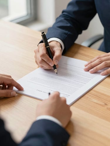 Close-up of hands writing on legal documents on a clean wooden desk, warm natural window light, professional corporate setting