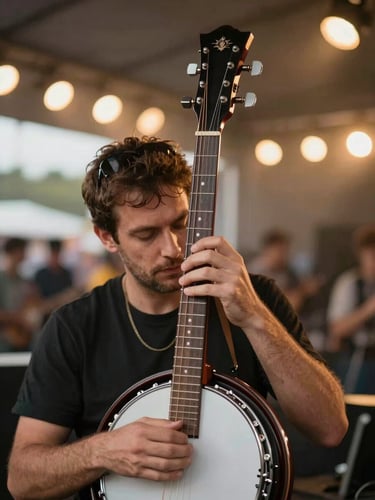Close environmental portrait: banjo headstock and tuning pegs in sharp foreground, Enda's hands visible mid-frame adjusting strings under warm amber stage lighting, festival venue backdrop softly out of focus, tungsten glow from overhead rigs catching the instrument's surface