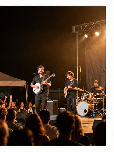 Environmental wide shot of We Banjo 3 performing on a mid-sized festival stage at night, warm amber stage wash flooding the performers from above-right, the banjo player front-left in sharp detail with instrument neck angled upward, a visible enthusiastic audience in the lower foreground, deep shadows in the upper corners giving a documentary-stage quality