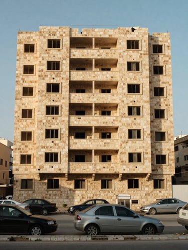 Street-level mid-distance photograph of a completed six-storey residential flat building in Amman, Jordan, straight-on elevation framing, natural afternoon daylight, stone facade and window grid clearly visible, parked cars and pavement in foreground showing scale, no people, honest documentary framing