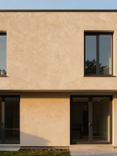 Straight eye-level architectural shot of a modern minimalist duplex exterior in morning light, warm sand-colored plaster, dark window frames, generous negative space on the left