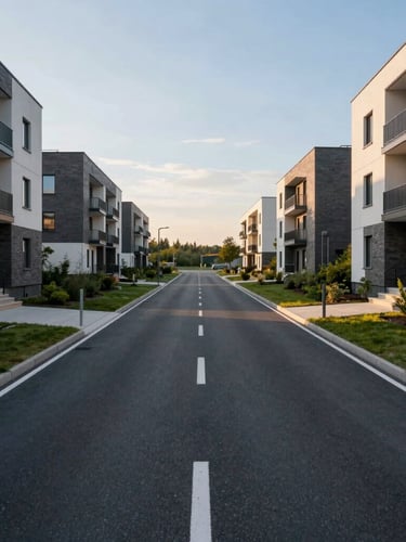 Straight eye-level architectural shot of a modern asphalt access road leading to the Moșnița Nord duplexes, warm morning sun, clear sky, green verges