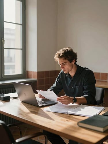 Wide office interior, natural window light falling from the left, a man in his thirties seated at a client desk reviewing documents on a laptop, Lecce-style terracotta tiles visible in the background, warm indoor daylight, desk-level perspective, candid and unposed