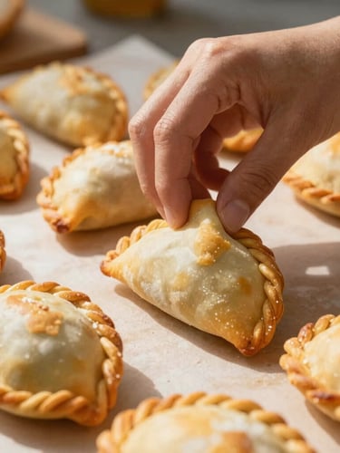 Close-up of golden-brown empanadas being hand-pinched in a warm kitchen, bright natural sunlight, rich golden tones, shallow depth of field.