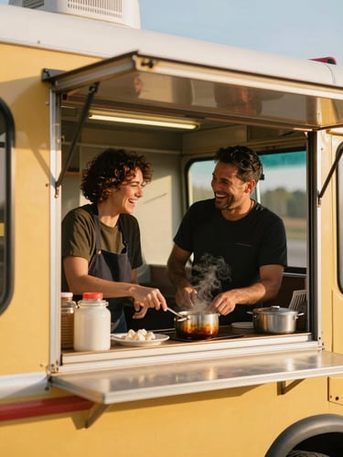 Candid medium shot of Belu and Tony laughing while cooking inside their colorful food truck, warm golden hour sun, 35mm lens.