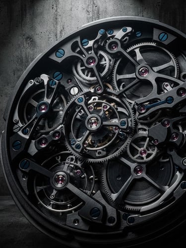 Extreme macro close-up of a YOUR TIME TO FLY watch face, showing intricate kinetic movement of the sculptural dial, harsh directional spotlighting, deep dramatic shadows, against a raw brutalist concrete wall. High contrast, dark tones.