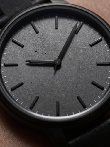 Extreme macro close-up of a matte charcoal watch face without numbers, harsh high-contrast directional spotlighting casting deep shadows, worn on a wrist against a raw architectural concrete wall backdrop