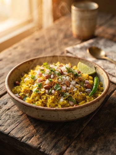 Steaming hot traditional Poha served in a handmade ceramic bowl on a rustic wooden table, warm golden-hour side light, macro shot
