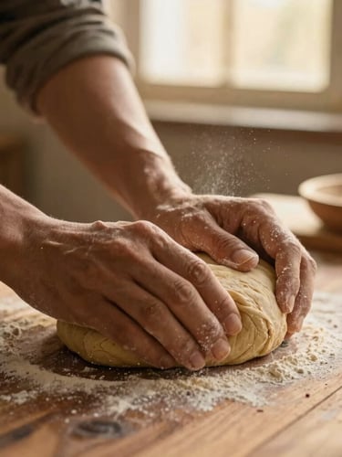 Warm close-up of hands kneading wholesome multigrain atta dough on a rustic wooden table, soft golden window light, flour dust in the air