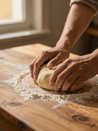 Hands kneading soft dough on a rustic wooden counter, dusted with stone-ground millet flour, warm golden window light, soft shadows