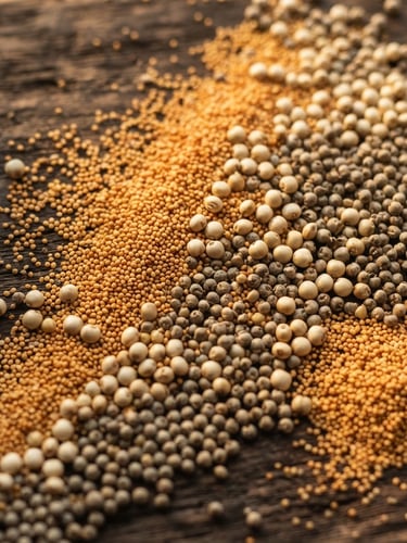 Overhead macro shot of golden amaranth, jowar, and bajra seeds arranged elegantly on a dark wooden surface, warm side lighting, shallow depth of field
