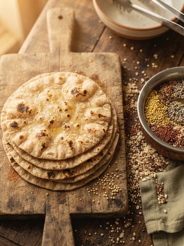 Overhead warm editorial food photography of fresh multigrain tawa rotis on a rustic wooden board, soft golden-hour window light, raw millets scattered beside