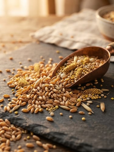 Close-up of golden wheat grains and millets spilling elegantly on a dark stone surface, warm golden-hour window light, shallow depth of field, 50mm lens