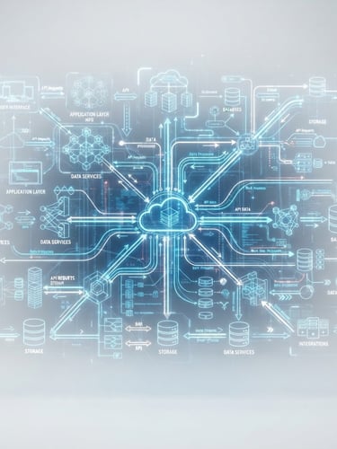 Close-up of a complex but clean architectural diagram on a holographic display, showing data flow between cloud services, bright studio lighting, white background, sharp focus.
