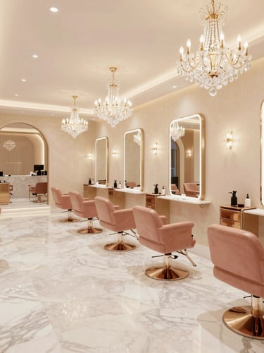 Wide shot of a luxury Dubai-style salon interior with grand crystal chandeliers, Italian marble flooring, and rose gold styling stations under bright warm high-key lighting.
