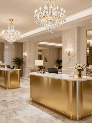 A grand double-height luxury salon lobby with Italian marble floors, crystal chandeliers, and brushed champagne gold styling stations, bright high-key lighting, warm editorial photography.