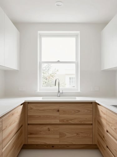 Architectural photography of a clean modern kitchen with warm white oak cabinets, bright natural window light, sharp focus, 35mm lens
