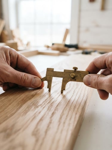 Close-up of hands measuring raw white oak grain with brass calipers, natural daylight, architectural photography, sharp focus, 35mm lens