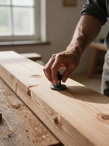 Portrait-orientation close-up of a craftsman's hands pressing a moisture meter probe into a raw hardwood plank in an empty room, north-facing window light raking across the wood surface from the left, grain patterns sharply resolved, no styling, forensic documentary framing