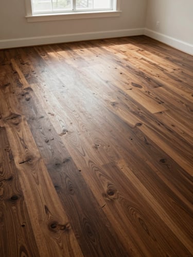 Wide environmental shot of a completely empty room with a freshly restored dark walnut hardwood floor catching low sidelight from a north-facing window along the far wall, overhead documentation angle, no furniture, no people, grain pattern visible across the full field, warm sand tones in the baseboards, forensic clarity