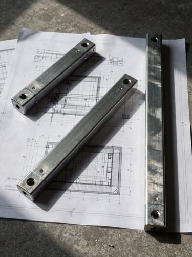 Flat-lay orthographic projection of raw brushed steel joints and technical architectural blueprints on a dark concrete floor, harsh directional shadows.