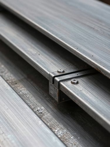 Straight-on orthographic photo of raw brushed steel plates bolted together, deep shadows in the structural seams.