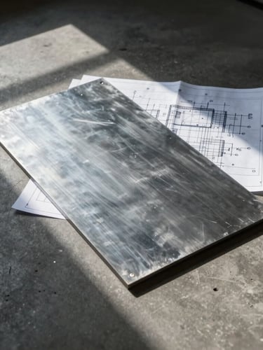 Orthographic flat-lay of cold-rolled steel plates and technical blueprints on a dark concrete floor, hard directional light casting geometric shadows.