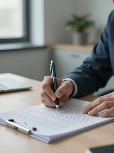 Close portrait-style shot of a consultant's hands annotating a printed document at a desk, a pen held mid-sentence, north-facing daylight from the left, cool office interior background softly out of focus, no faces visible, calm and deliberate atmosphere