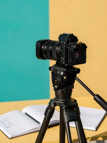 Close-up of a colorful YouTube filming setup, a camera on a tripod, bright teal and mustard background, open notebooks with handwritten notes, warm sunny daylight.